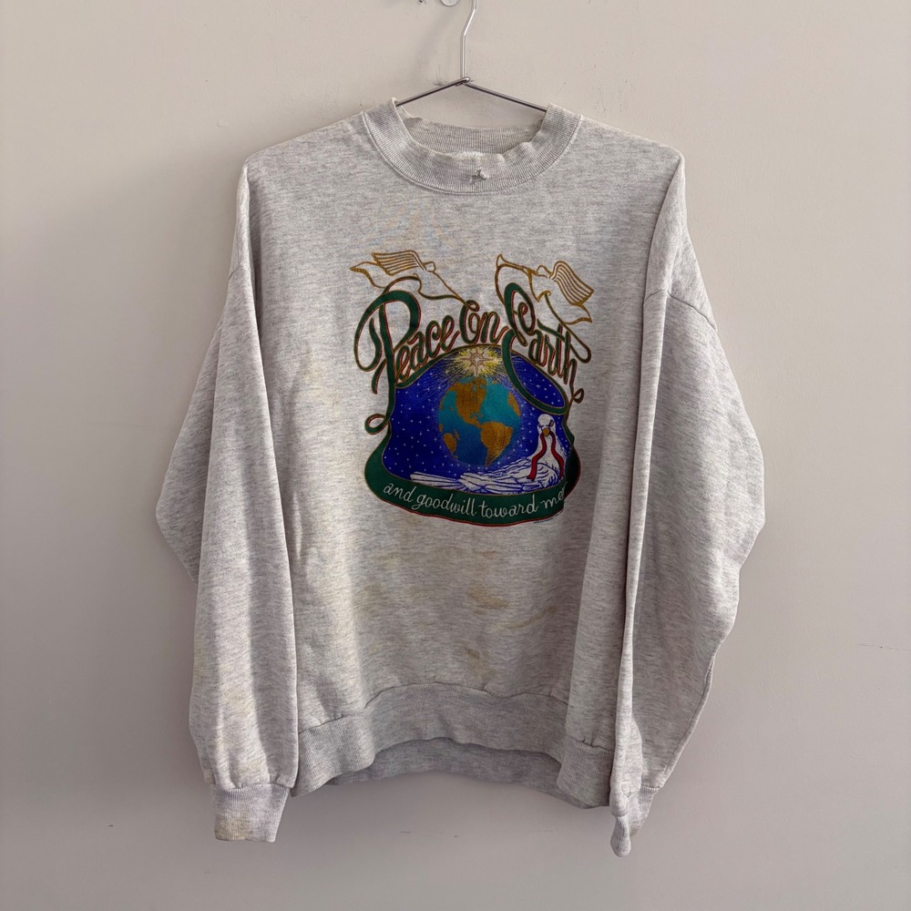 Vintage Jerzees Peace on Earth Christmas Sweatshirt XL Grey